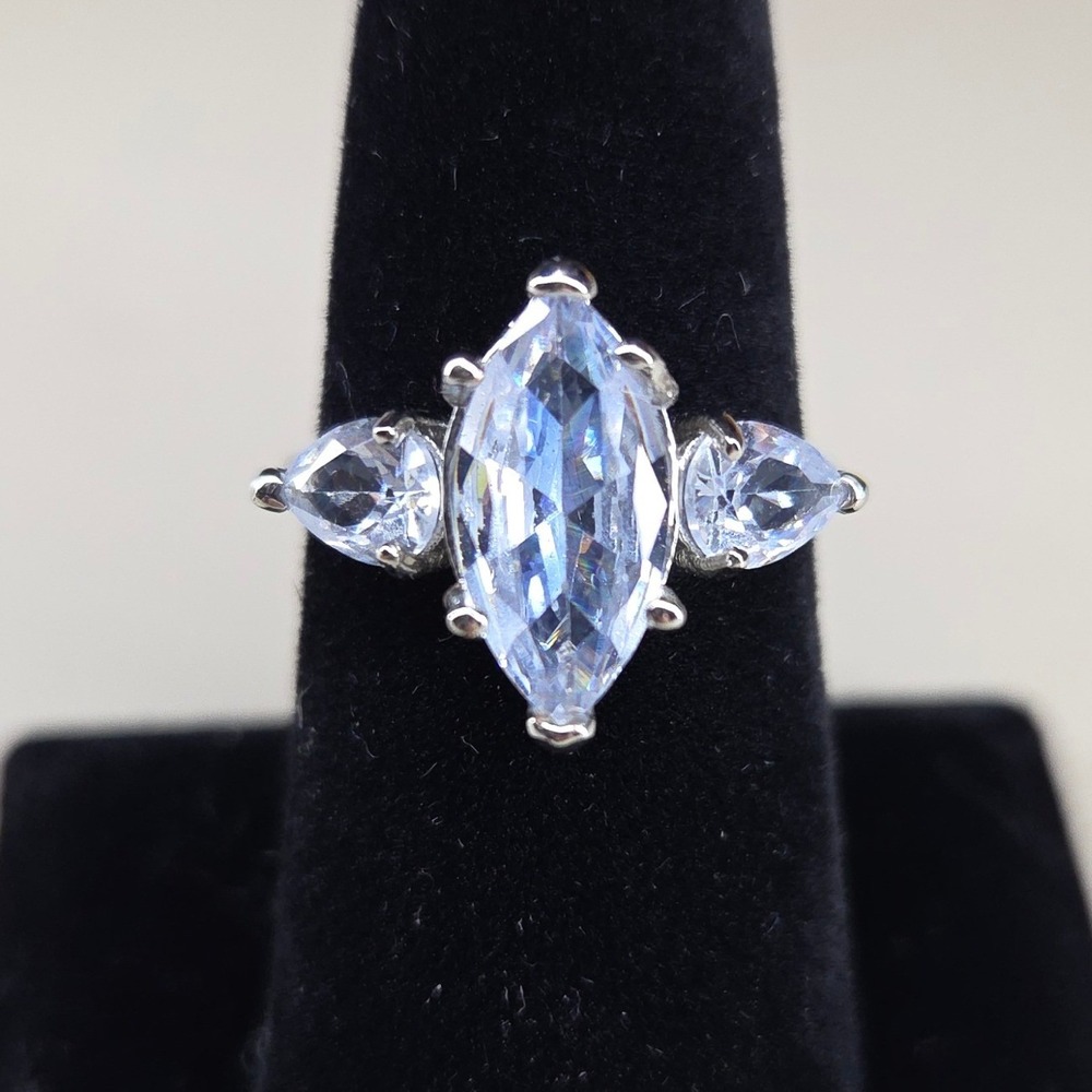 Marquise Cut Three Stone Ring Silver Tone Pear Accents Size 8.5